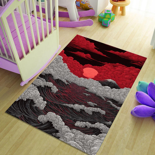 Red Sun Ukiyo-e Wave Rug Man Cave Living Room Decor Non-Slip