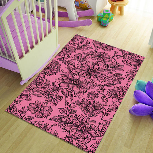 Hot Pink Floral Line Art Rug Bedroom Teen Room Decor Non-Slip