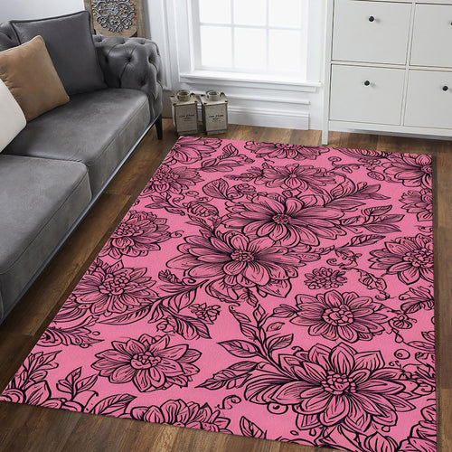 Hot Pink Floral Line Art Rug Bedroom Teen Room Decor Non-Slip