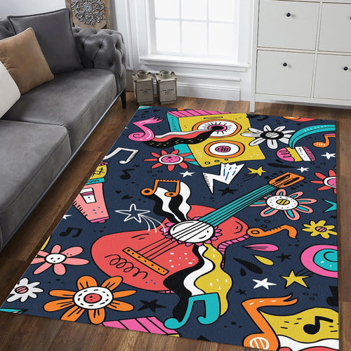 Pop Art Music Doodle Rug Gaming Room Teen Bedroom Decor Non-Slip