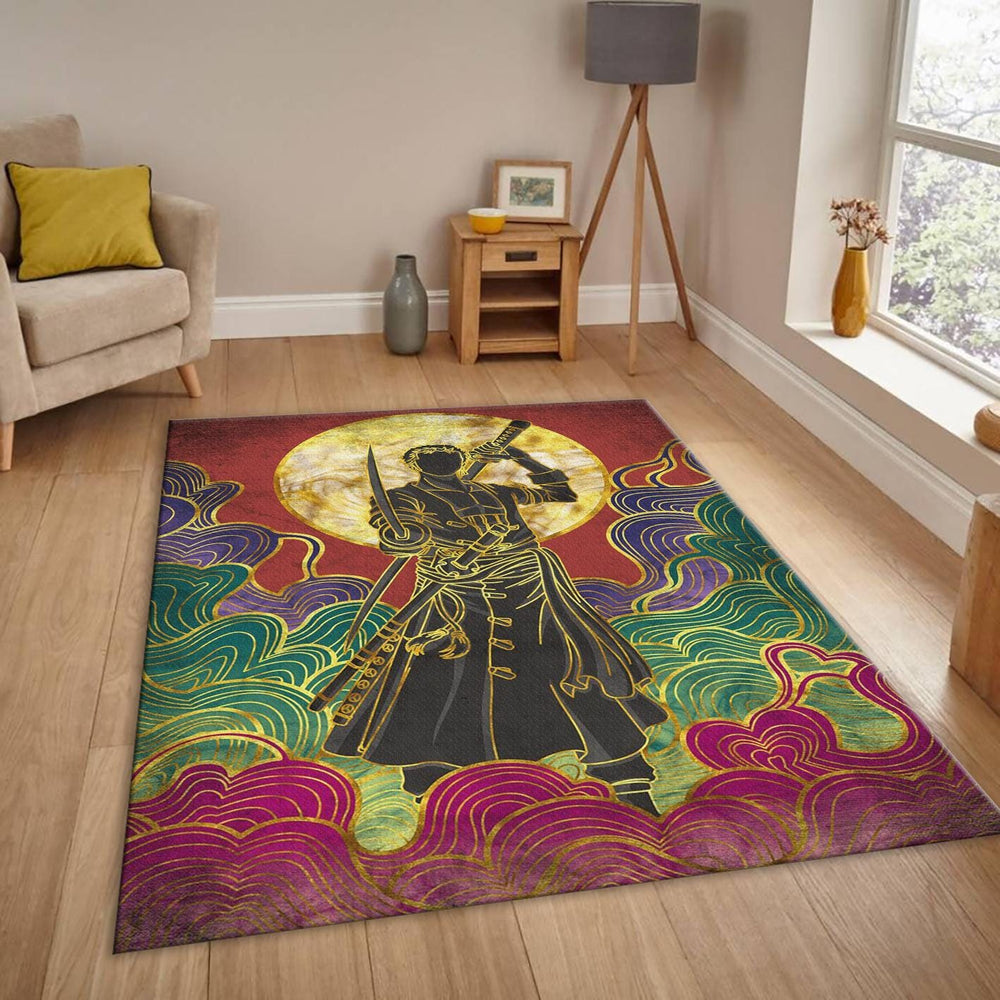 Roronoa Zoro Rug, One Piece Gold Silhouette Art