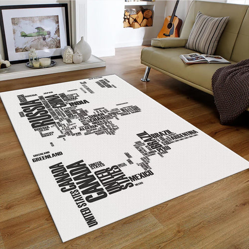 Minimalist World Map Rug, Black and White