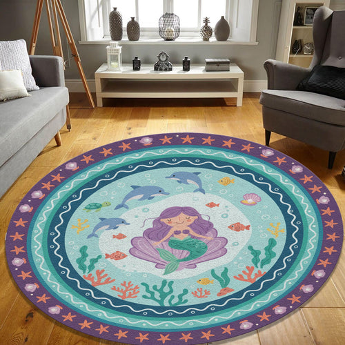 Mermaid Round Kids Rug Under the Sea Nursery Decor