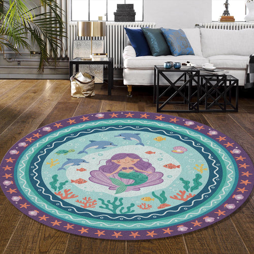 Mermaid Round Kids Rug Under the Sea Nursery Decor