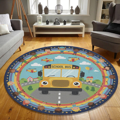 School Bus Round Rug Classroom Kids Playroom Circle Carpet