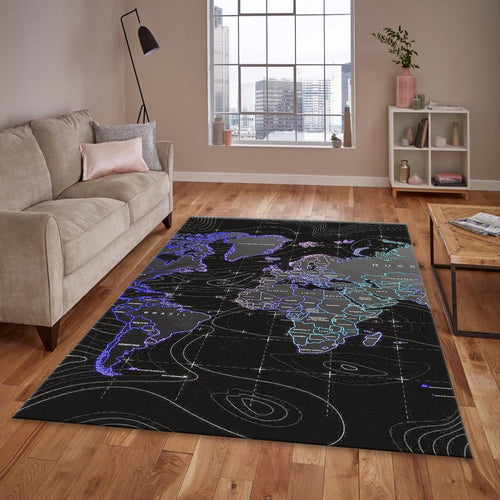 Neon World Map Rug, Cyberpunk Style