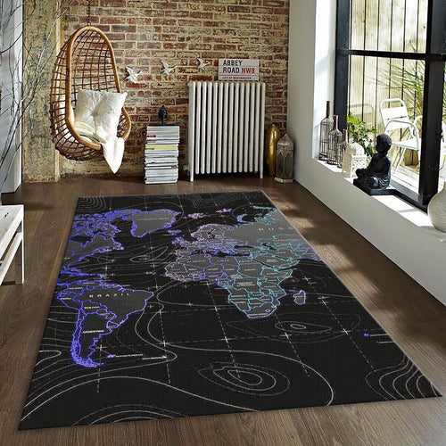 Neon World Map Rug, Cyberpunk Style