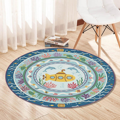Yellow Submarine Round Rug Nautical Nursery Playroom Circle Mat