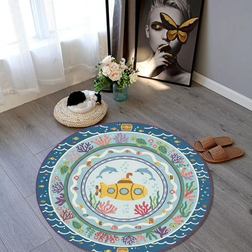 Yellow Submarine Round Rug Nautical Nursery Playroom Circle Mat
