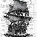 Vintage Pirate Ship Rug, Nautical Sketch Art