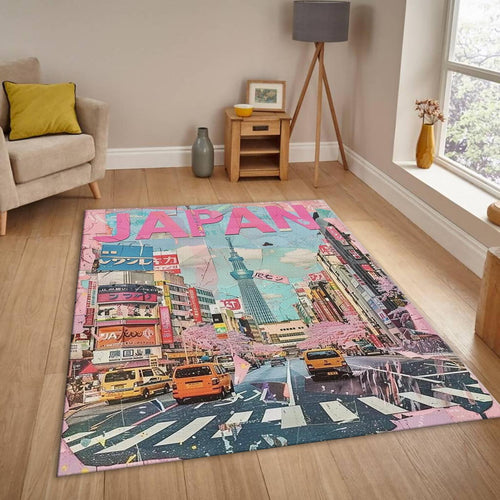 Pink Japan Rug, Tokyo Street Collage
