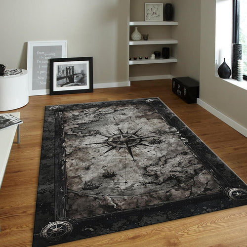 Gothic Compass Rug, Vintage World Map