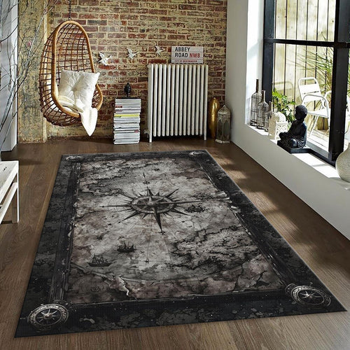 Gothic Compass Rug, Vintage World Map