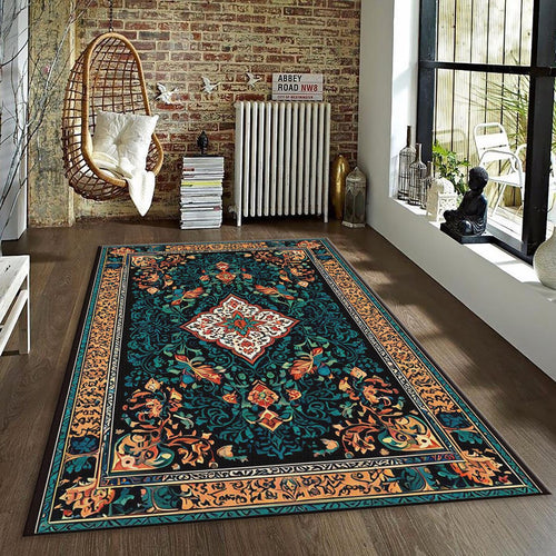 Oriental Rug, Dark Teal & Red Ornate Floral Medallion Decor Gift