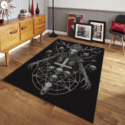 Goth Decor Rug, Dark Fantasy Art Macabre Skull Design Gothic Home
