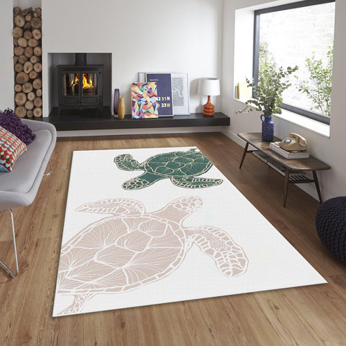 Boho Sea Turtle Rug, Green and Pink