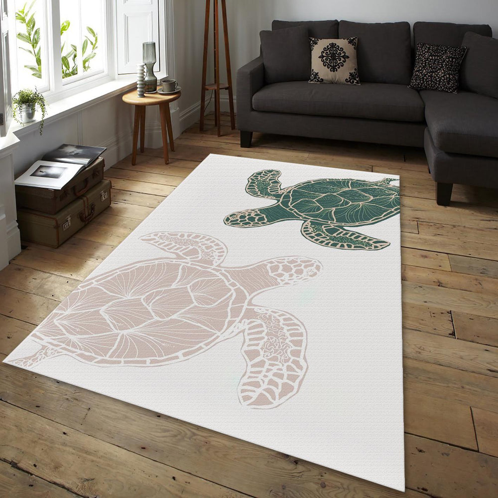 Boho Sea Turtle Rug, Green and Pink