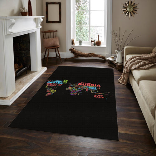 Colorful World Map Rug, Typographic Text Art