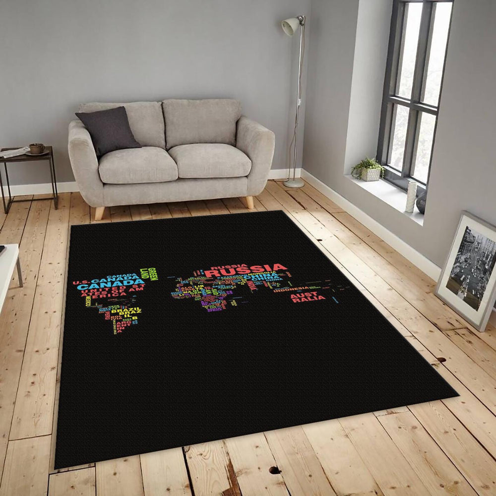 Colorful World Map Rug, Typographic Text Art