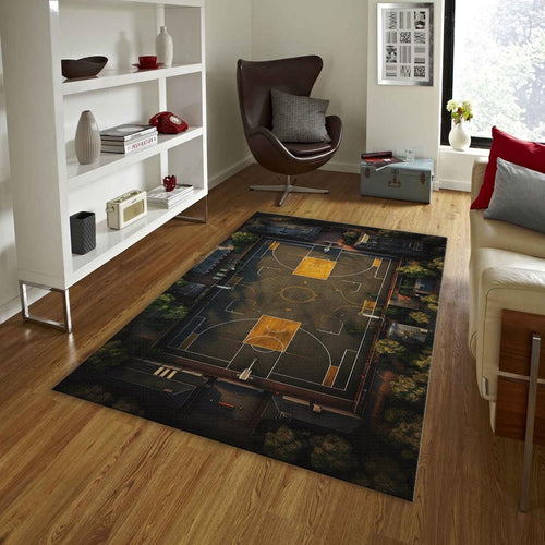 Aerial Basketball Court Rug, Black and Gold