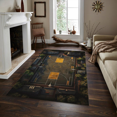Aerial Basketball Court Rug, Black and Gold