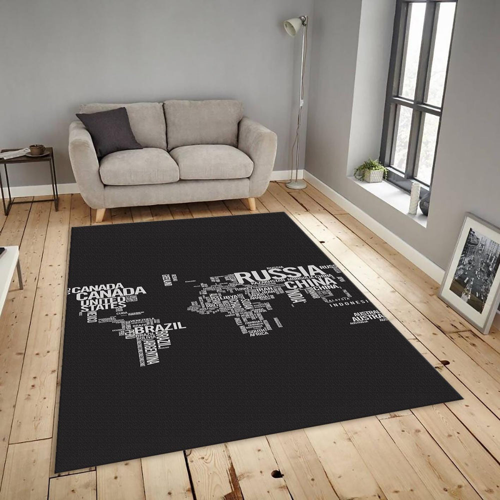 Monochrome World Map Rug, Typographic Text Art