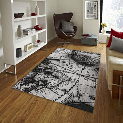 Vintage World Map Rug, Monochrome Art