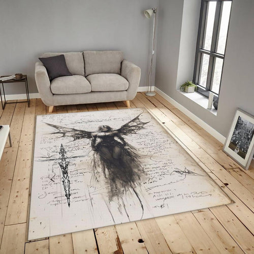 Gothic Angel Rug, Dark Fantasy Art Vintage Sketchbook Decor