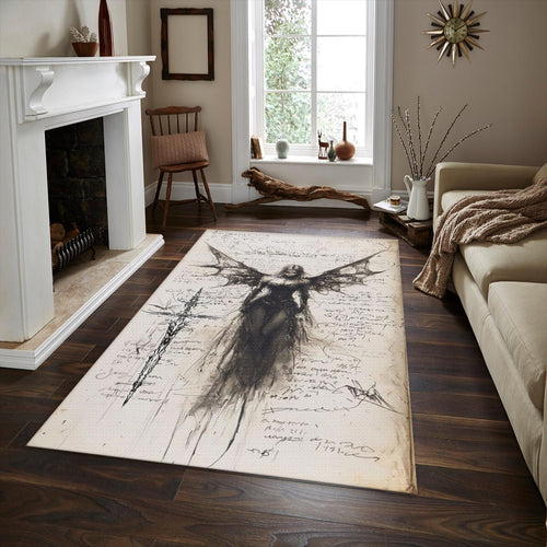 Gothic Angel Rug, Dark Fantasy Art Vintage Sketchbook Decor
