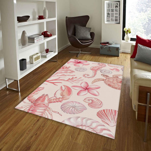 Pink Coastal Rug, Watercolor Sea Turtle