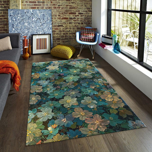 Green Floral Rug, Sage and Teal Wildflowers