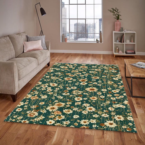 Green Daisy Rug, Ditsy Floral Pattern