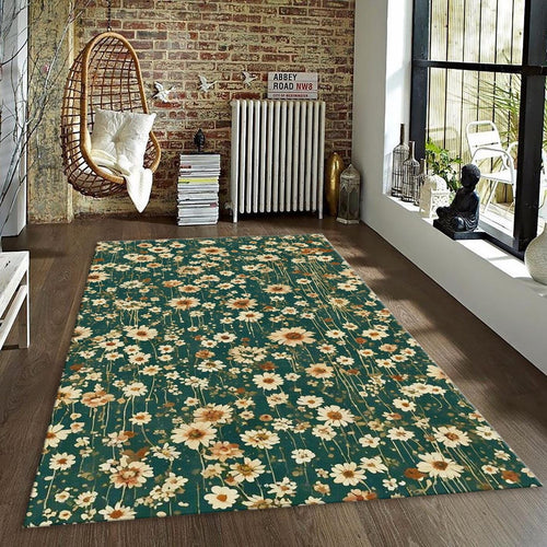 Green Daisy Rug, Ditsy Floral Pattern