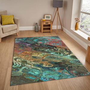 Teal and Copper Rug, Abstract Fluid Art