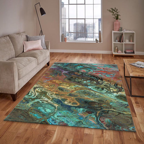 Teal and Copper Rug, Abstract Fluid Art