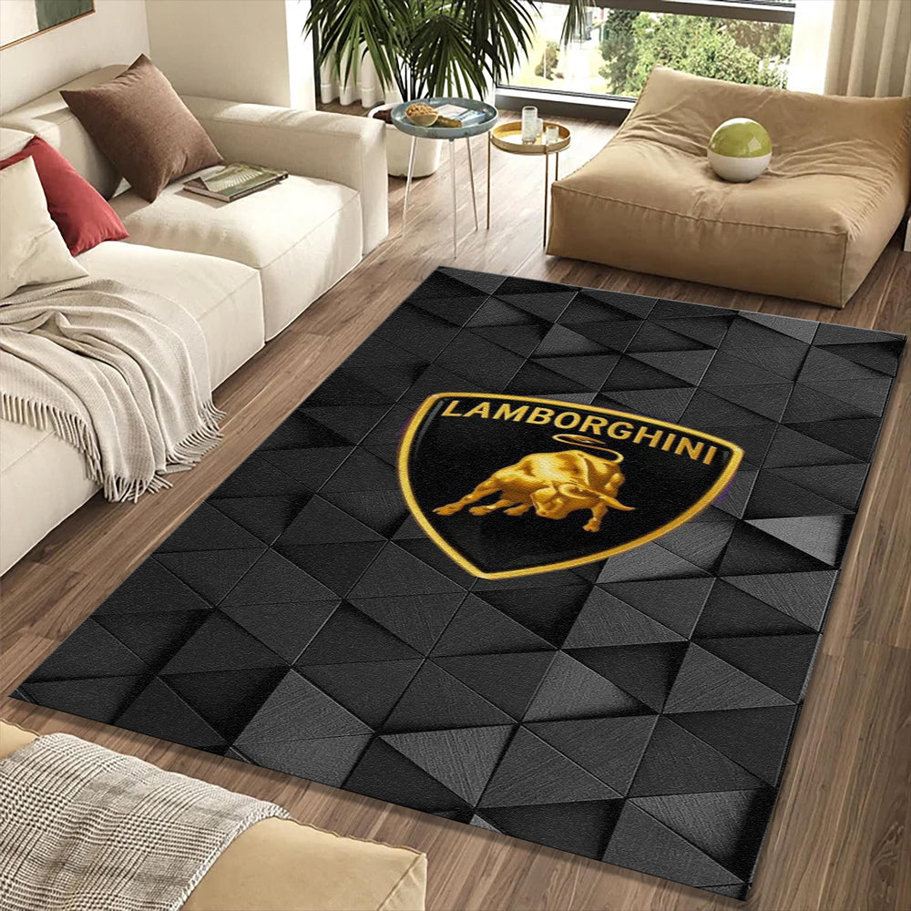 Lamborghini Logo Rug Black and Gold Shield Bull Mat Luxury Exotic
