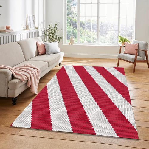 Diagonal Red White Stripe Knit Rug Cozy Woven Texture Area Mat