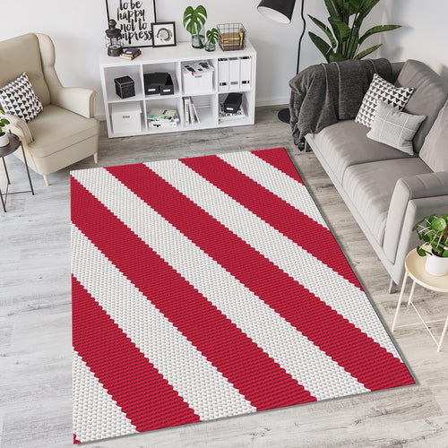 Diagonal Red White Stripe Knit Rug Cozy Woven Texture Area Mat