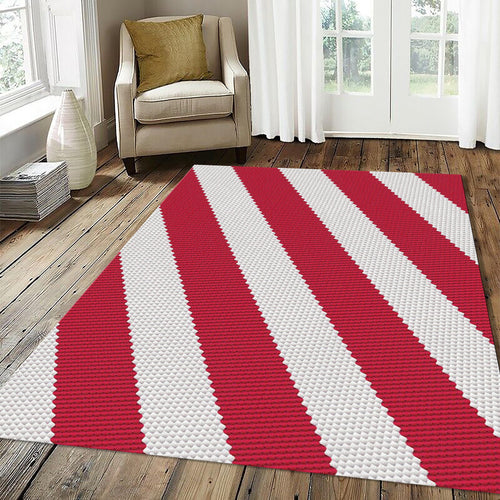 Diagonal Red White Stripe Knit Rug Cozy Woven Texture Area Mat