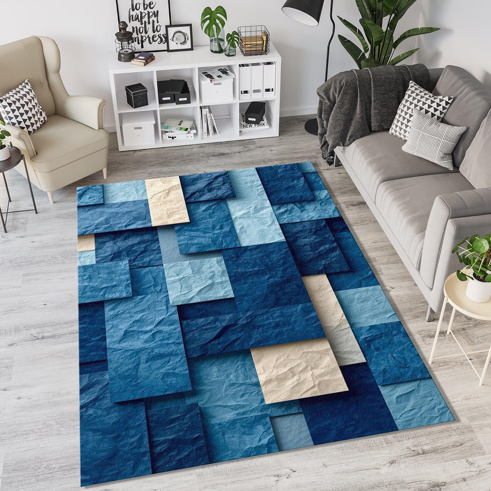 Crumpled Paper Abstract Rug Blue Tones Mosaic Patchwork Mat