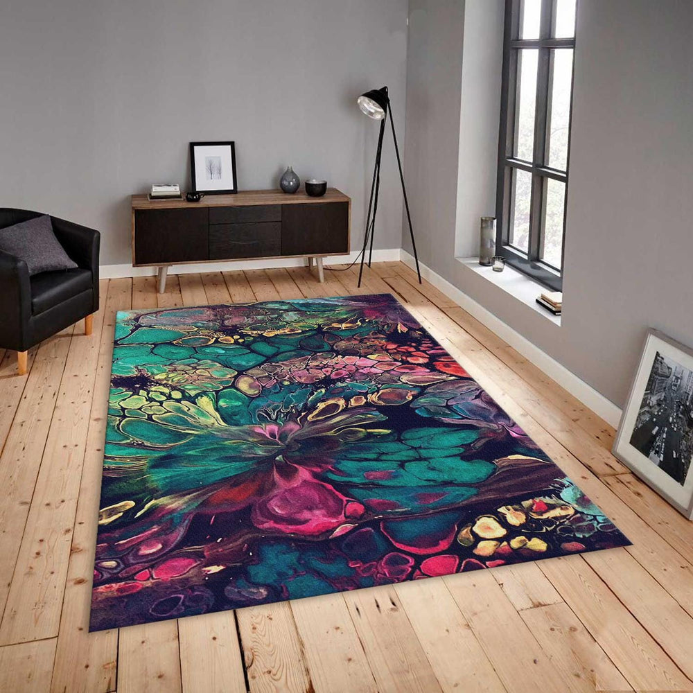 Fluid Art Rug, Emerald Green and Purple