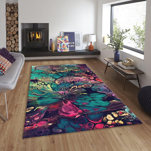Fluid Art Rug, Emerald Green and Purple