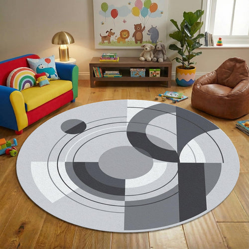 Modern Abstract Grey Round Rug Minimalist Geometric Circle Carpet