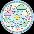 Kawaii Pastel Round Rug, Cute Star & Moon Kids Carpet