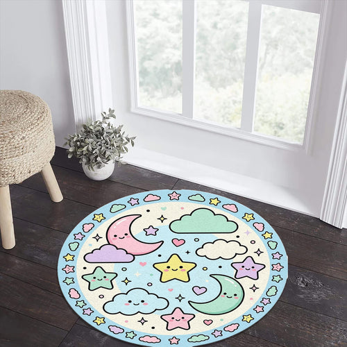 Kawaii Pastel Round Rug, Cute Star & Moon Kids Carpet