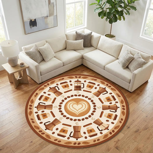 Coffee Theme Round Rug Latte Art Kitchen Carpet with Moka Pot &