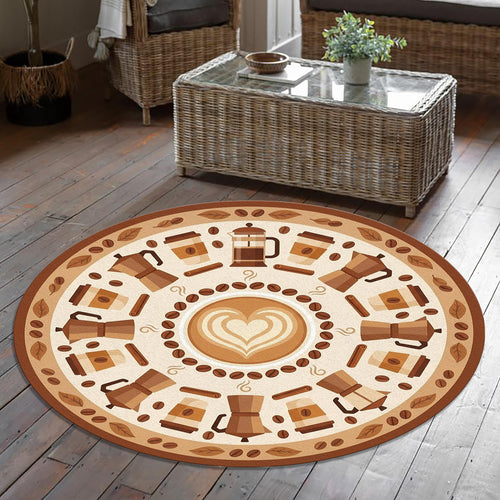 Coffee Theme Round Rug Latte Art Kitchen Carpet with Moka Pot &