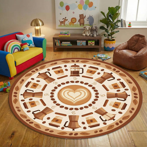 Coffee Theme Round Rug Latte Art Kitchen Carpet with Moka Pot &