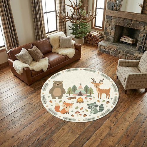 Woodland Animals Kids Round Rug Bear Deer Fox Raccoon Nursery