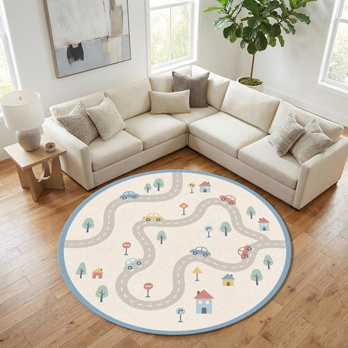 Car Play Kids Round Rug Road Map Nursery Carpet with Cars &